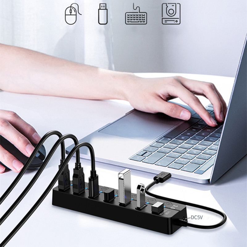 USB 3.0 centrmezgls USB centrmezgls 3.0 vairāku USB sadalītāju centrmezgls Izmantojiet strāvas adapteri 4/7 portu vairāku paplašinātāju 3.0 USB 3.0 centrmezgls ar slēdzi datoram