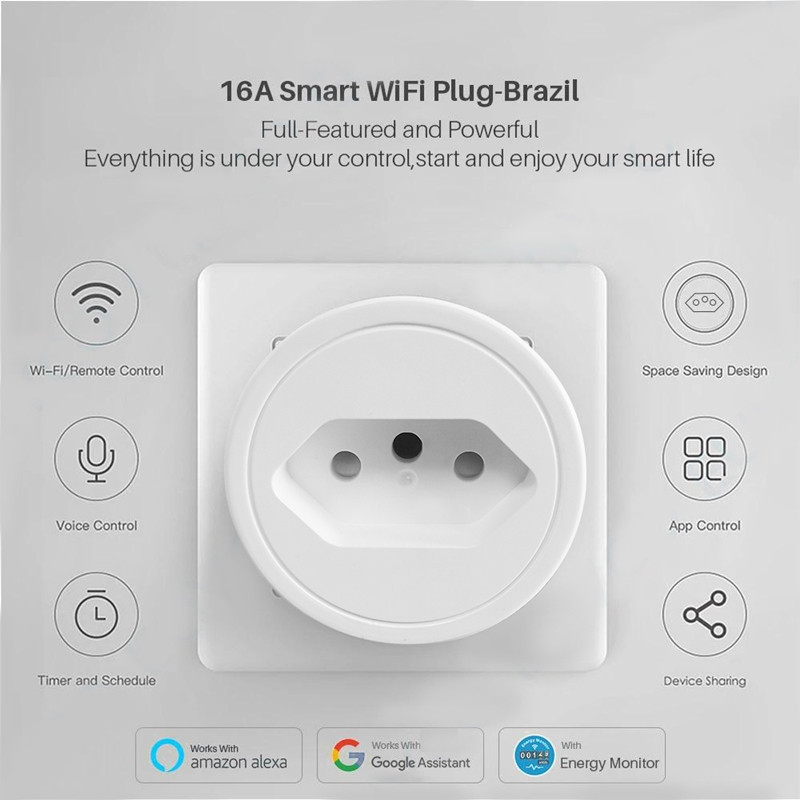 16A BR Brazil Wifi intelligens csatlakozóaljzat tápmonitorral, vezeték nélküli Tuya SmartLife APP időzítő hanggal működik a Google Home Alexa Mini számára