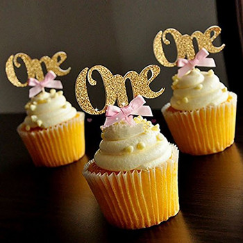 16 бр. Златисто розово 1 One Paper Cake Cupcake Toppers First 1st Boy Girl Birthday Party Decorations My I AM Годишнина от една година