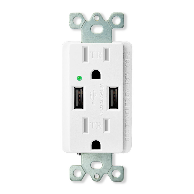 3.6A/4.2A Dvostruki USB priključak Zidna utičnica Punjač Priključak Bijela ploča TR UL Kompatibilan za Apple Samsung XIAOMI uređaj