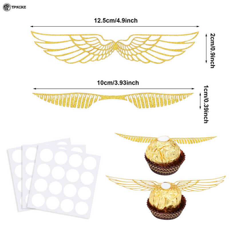 50 buc. Decoratiuni de ciocolată pentru petrecerea vrăjitorului, decorare cu aripi scobite din ciocolată, inserție de card de tort cu aripi cu sclipici pentru partea de sus a tortului de petrecere