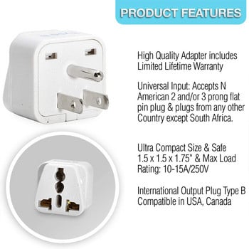 USA Canada Universal Travel Plug Adapter Type B -Μετατροπή Ευρώπης Η.Β. Ινδία Αυστραλία σε American Socket-Στρογγυλή σε επίπεδη καρφίτσα-2 τεμ.