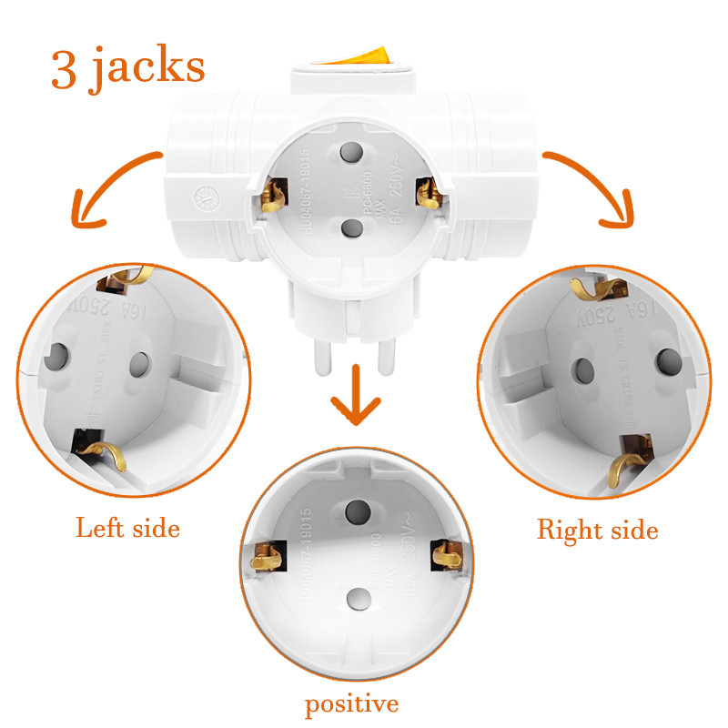 Utikač za pretvorbu europskog tipa, 1 u 3 smjera EU standardna utičnica adaptera napajanja 16 A Putni utikači AC 250 V s kontrolom prekidača