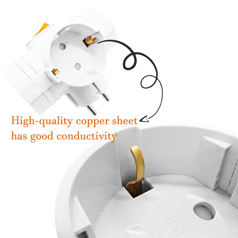 Utikač za pretvorbu europskog tipa, 1 u 3 smjera EU standardna utičnica adaptera napajanja 16 A Putni utikači AC 250 V s kontrolom prekidača