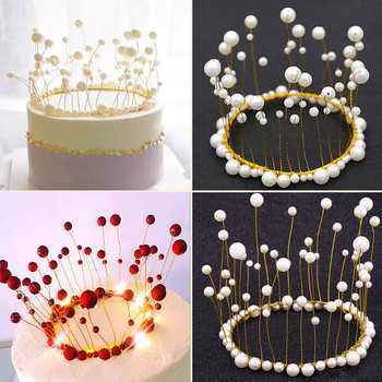 Метална перла Princess Crown Cake Topper Изкуствени перли Headdress Сватбена торта Decorating Baby Shower Birthday Topper Handmade