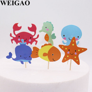 WEIGAO 24Pcs Торти за торта за рожден ден Fish Sea Star Crab Shape Cake Flags Baby Shower Тема Русалка Декорация на торта Консумативи за парти