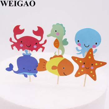 WEIGAO 24Pcs Торти за торта за рожден ден Fish Sea Star Crab Shape Cake Flags Baby Shower Тема Русалка Декорация на торта Консумативи за парти