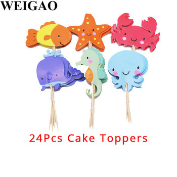 WEIGAO 24Pcs Торти за торта за рожден ден Fish Sea Star Crab Shape Cake Flags Baby Shower Тема Русалка Декорация на торта Консумативи за парти