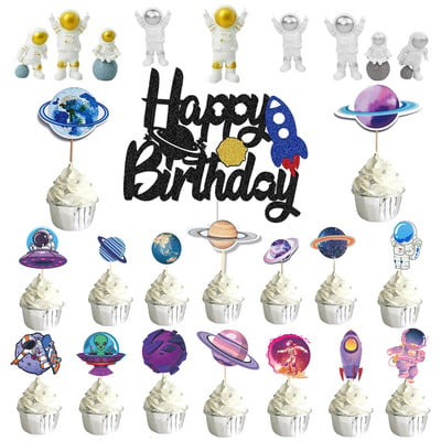 Kosmosa Visuma kūku pildītājs Rocket Planet Cupcake toppers Astronautu bērniem Kosmosa tematiskā ballīte Daudz laimes dzimšanas dienā kūku rotājumi