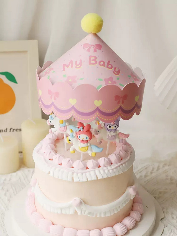 Decoratiune pentru tort cu unicorn cu animale din desene animate Merry-go-round fată băiat bebeluș ziua de naștere Cupcake Topper La mulți ani decor petrecere cadou pentru copii