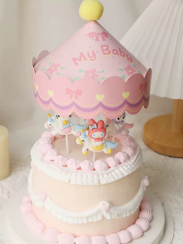 Decoratiune pentru tort cu unicorn cu animale din desene animate Merry-go-round fată băiat bebeluș ziua de naștere Cupcake Topper La mulți ani decor petrecere cadou pentru copii