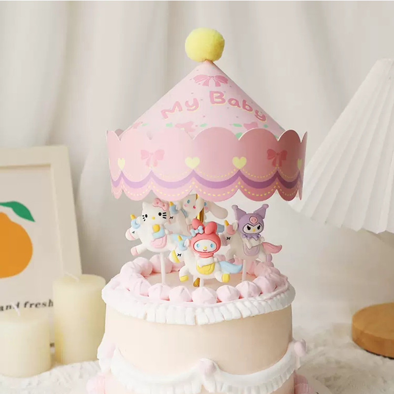 Decoratiune pentru tort cu unicorn cu animale din desene animate Merry-go-round fată băiat bebeluș ziua de naștere Cupcake Topper La mulți ani decor petrecere cadou pentru copii