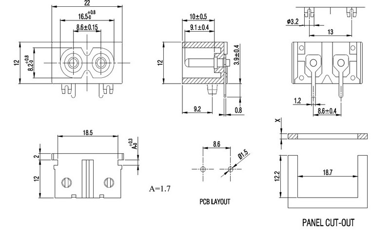 IEC 60320 C8 AC táp aljzat bemeneti osztott panel és 2 tűs PCB rögzítés 10db