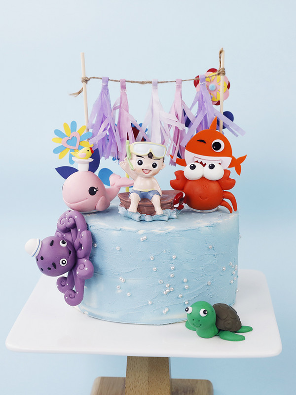 Barkácsolás cápa születésnapi torta tetején óceán polip téma akril betét party dekoráció puha kerámia baba gyerek boldog torta dekoráció ajándékok
