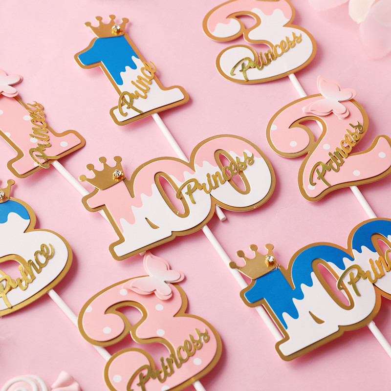 Număr cadru fluture coroană nobilă 100 zile 1 2 3 Roz Albastru Cake Topper Desert Decor pentru petrecerea de aniversare Cadouri minunate