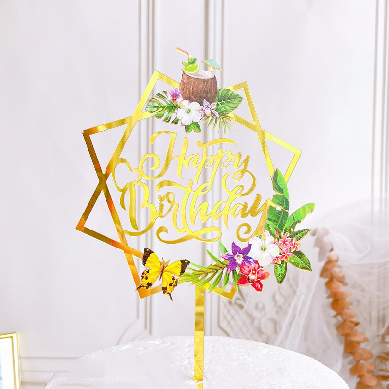 Topper pentru tort de aniversare de vară, imprimare în culori acrilice Ins, cu copac de cocos, cu flamingo, pentru decorarea tortului pentru petrecerea de aniversare a copiilor