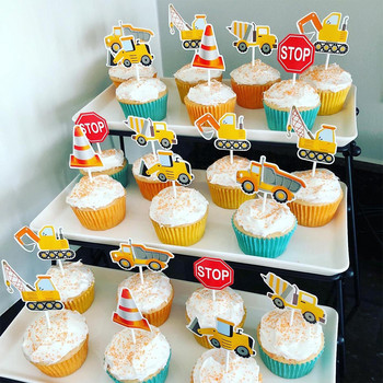 7 бр. Конструкция Cupcake Topper Pick Dump Truck Excavator Tractor Party Cake Toppers for Kids Birthday Baby Shower Party Decor