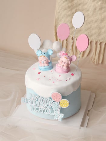 1st 100 days Mouse Baby Girl Boy Blue Pink Hairball Balon Cake Topper for Party Cake Decorating Dessert Сладки подаръци