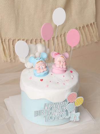 1st 100 days Mouse Baby Girl Boy Blue Pink Hairball Balon Cake Topper for Party Cake Decorating Dessert Сладки подаръци