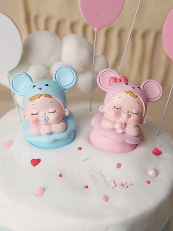 1st 100 days Mouse Baby Girl Boy Blue Pink Hairball Balon Cake Topper for Party Cake Decorating Dessert Сладки подаръци