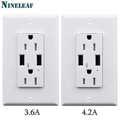 NineLeaf 3.6A/4.2A стена Двоен USB порт Изход Устойчив на фалшифициране Usb гнездо Захранване Гнездо за зарядно устройство Бяла плоча LED индикатор