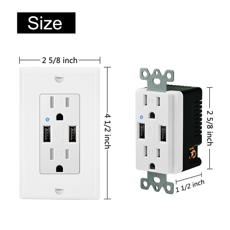 NineLeaf 3.6A/4.2A Priză cu două porturi USB de perete Priză USB rezistentă la manipulare Încărcător Receptacul Placă albă Indicator LED