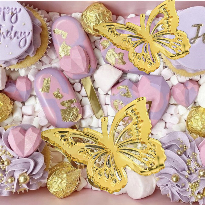 3D akril pillangós tortafedő Esküvői torta díszítő eszközök Tükör arany ezüst cupcake fedő babazuhany születésnapra