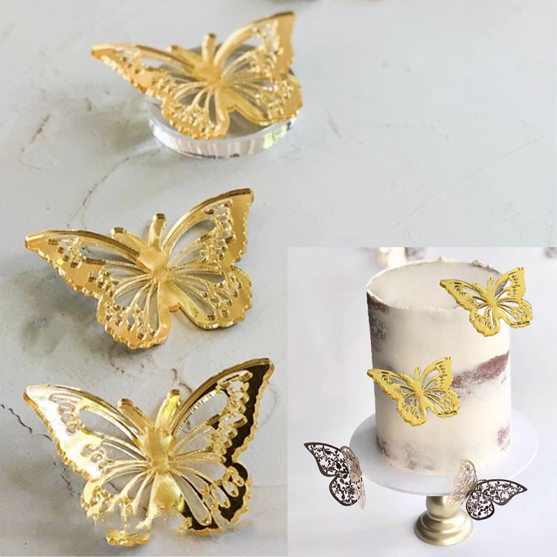 3D akril pillangós tortafedő Esküvői torta díszítő eszközök Tükör arany ezüst cupcake fedő babazuhany születésnapra