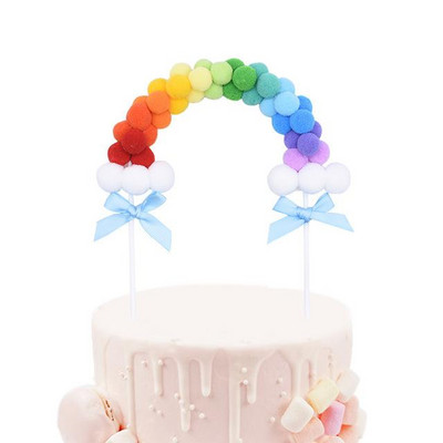 Rainbow Pink Blue Pompom Cloud Topper Topper Happy Birthday Party Festival vjenčanja Desert Decor Zastavice za torte Potrepštine za zabave EL