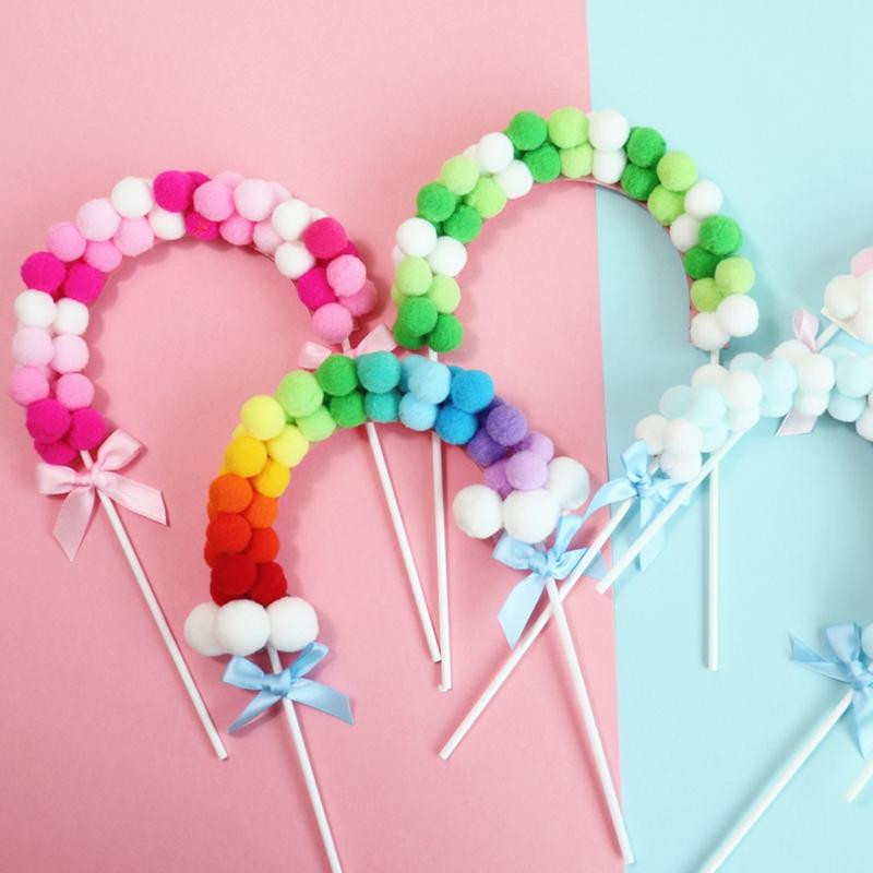 Rainbow Pink Blue Pompom Cloud Topper Topper Happy Birthday Party Festival vjenčanja Desert Decor Zastavice za torte Potrepštine za zabave EL