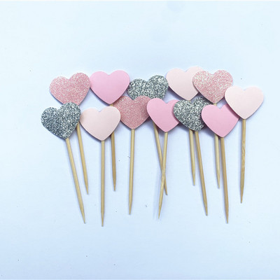 40 db, kézzel készített, szép rózsaszín szívű cupcake-feltét, lány baba zuhany dekoráció, party kellékek születésnapi esküvői party dekoráció