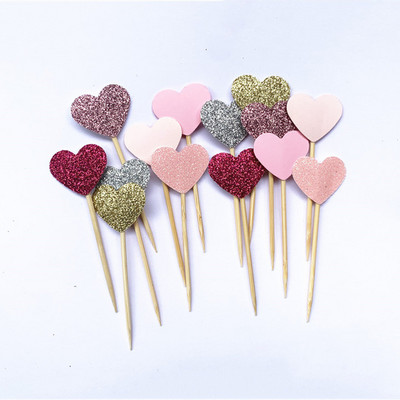 40 db, kézzel készített, szép rózsaszín szívű cupcake-feltét, lány baba zuhany dekoráció, party kellékek születésnapi esküvői party dekoráció