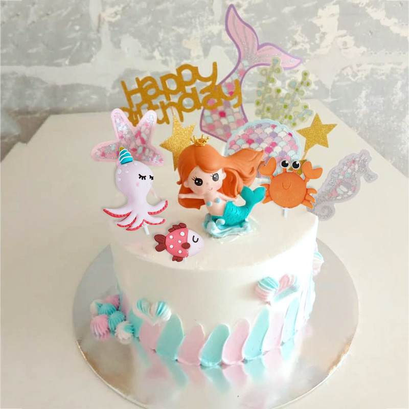 Sellőparti tortafeltétek Rajzfilmek kék bálna polip hippokampusz rák tengeri moszat hal topper torta gyerek születésnapi parti díszek