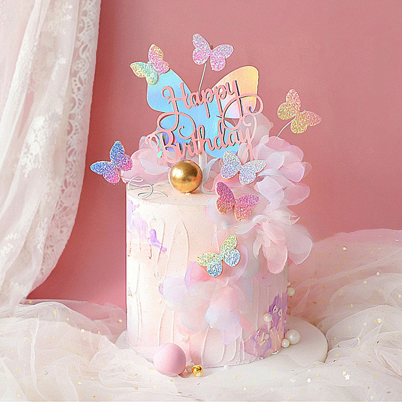 Säravad laserliblikaga tordikatted Palju õnne sünnipäevaks tordipealsed Käsitsi valmistatud maalitud pulmade sünnipäevapeo tordikaunistused peoküpsetamine