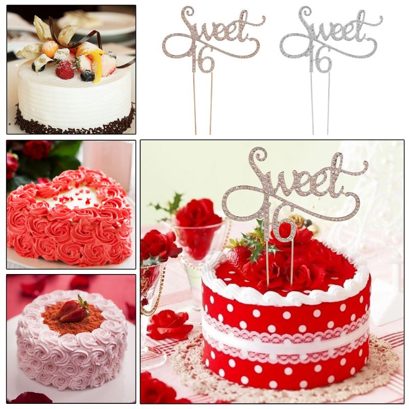 Sweet 16 Cake Topper Teme de petrecere a 16-a aniversare cu pentru decorare cu stras A F19B