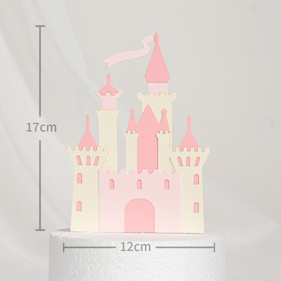 Stereoskopski višeslojni ukrasi za torte s dvorcem iz bajke iz crtića Ružičasto plavo-zlatni ukras za tortu za sretan rođendan, dječji dekor