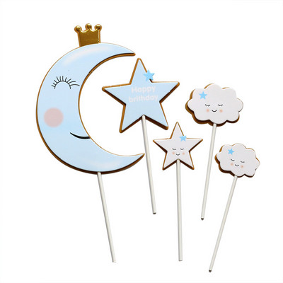 Moon Stars Boldog Születésnapi Tortafedő szett Aranyos Felhők Cupcake Toppers babazuhanyhoz Gyerekek Lányok Születésnapi Party tortadíszek