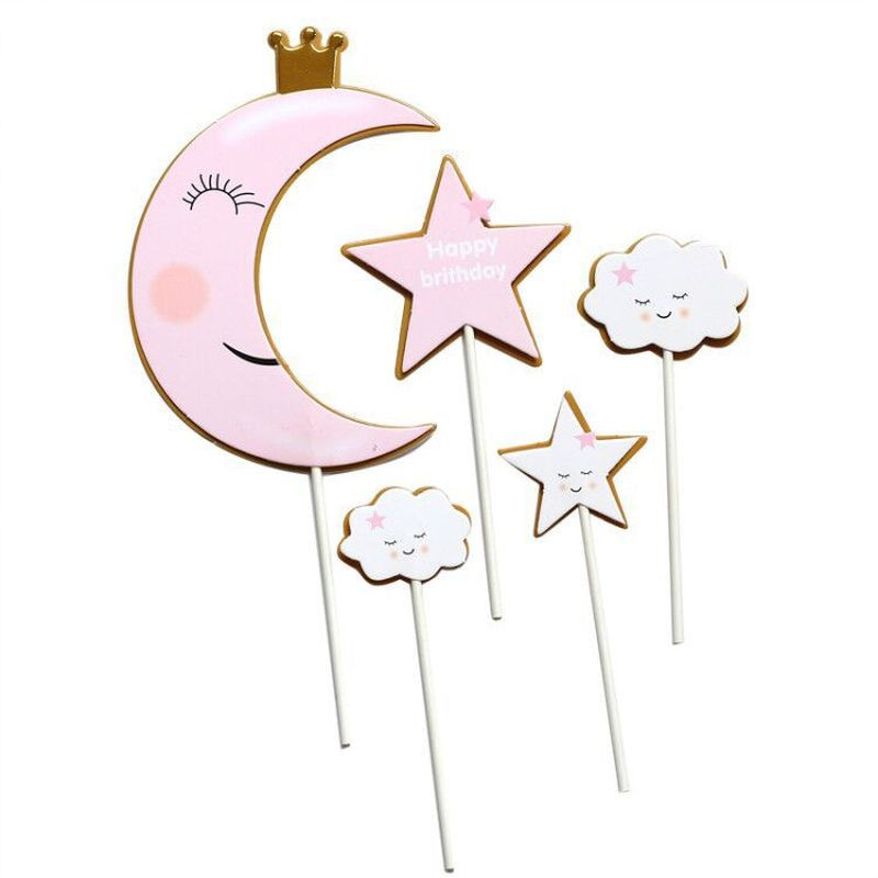 Moon Stars Boldog Születésnapi Tortafedő szett Aranyos Felhők Cupcake Toppers babazuhanyhoz Gyerekek Lányok Születésnapi Party tortadíszek