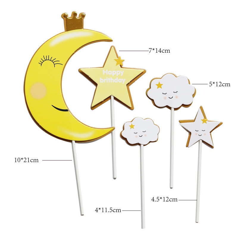 Moon Stars Boldog Születésnapi Tortafedő szett Aranyos Felhők Cupcake Toppers babazuhanyhoz Gyerekek Lányok Születésnapi Party tortadíszek