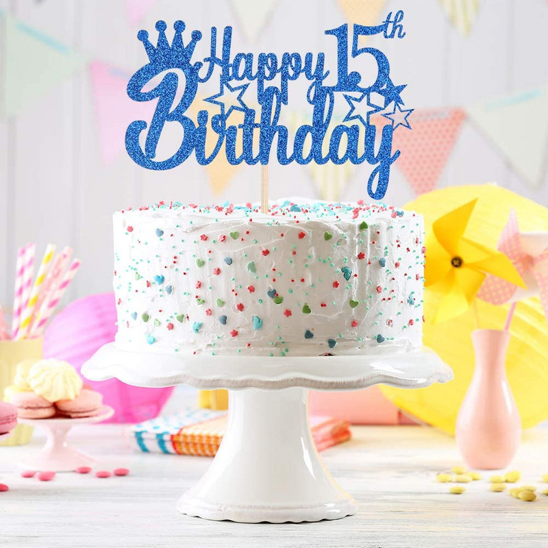 Kraljevsko plavi svjetlucavi papir Sretan 10. 15. 18. rođendan Prekrivač torte za muškarce Dječaci 20. 40. 70. rođendan Ukrasi za torte