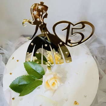 Нов Честит 15-ти рожден ден Акрилен топер за торта Golden Princess Baking Cake Topper за момичета Консумативи за декорация на торта за рожден ден