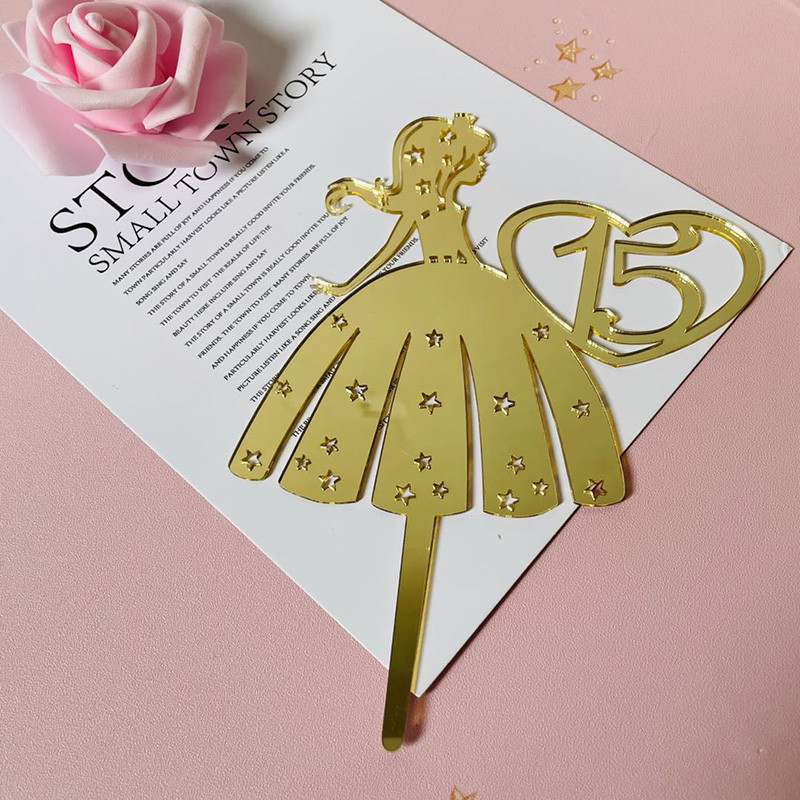 Noul Topper acrilic pentru tort pentru 15 ani, prințesă de aur pentru coacere, pentru fete, pentru petrecerea de aniversare, pentru decorarea tortului.