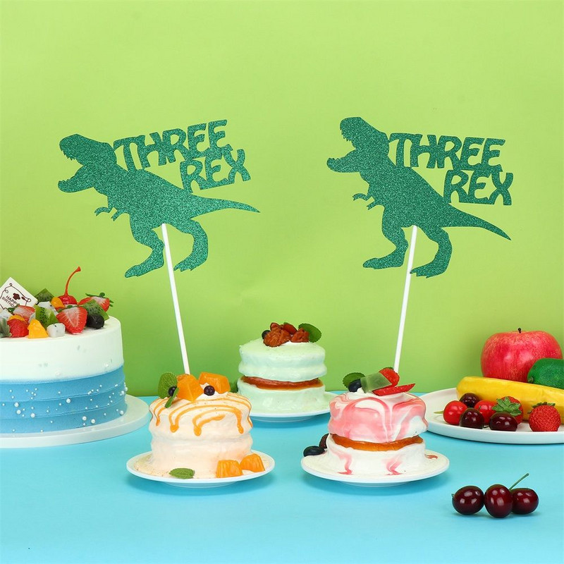 Kellékek dekoráció 3 éves dinoszaurusz téma Boldog 3. születésnapot Tortafeltétek Három rex dinoszaurusz tortadísz csillogó