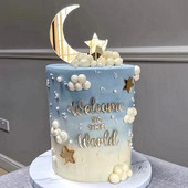 Topper acrilic pentru tort de aniversare, auriu, bun venit în stele, cu lună, pentru decorarea pentru cupcake de petrecere pentru bebeluș Eid Mubarak