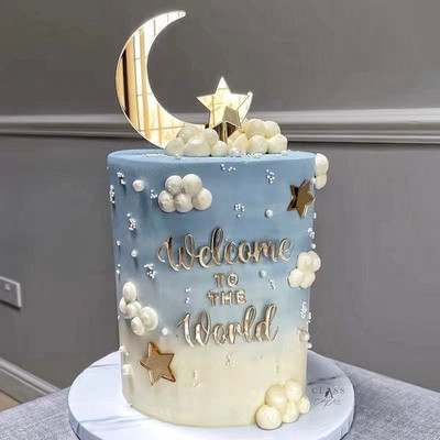 Нов златен акрилен топер за торта за рожден ден Златен Welcome To The Stars Moon Cake Toppers за Baby Eid Mubarak Party Cupcake Decoration