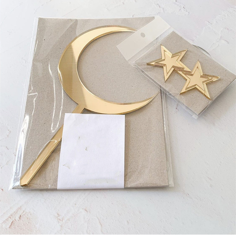 Topper acrilic pentru tort de aniversare, auriu, bun venit în stele, cu lună, pentru decorarea pentru cupcake de petrecere pentru bebeluș Eid Mubarak