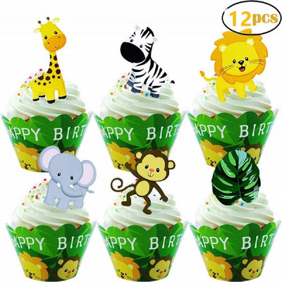 Jungle Safari Cupcake Topper Boldog születésnapot Banner Állati torta zászlók Születésnapi parti dekorációhoz Gyerek fiúk kedvenc kellékei