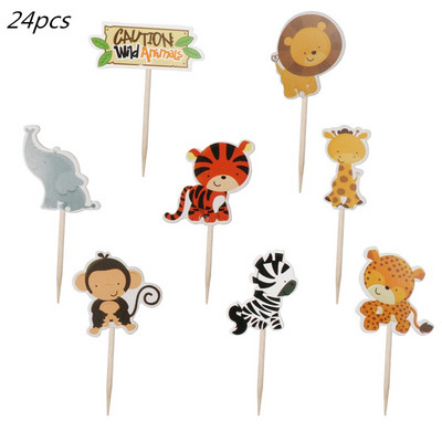 Jungle Safari Cupcake Topper Boldog születésnapot Banner Állati torta zászlók Születésnapi parti dekorációhoz Gyerek fiúk kedvenc kellékei
