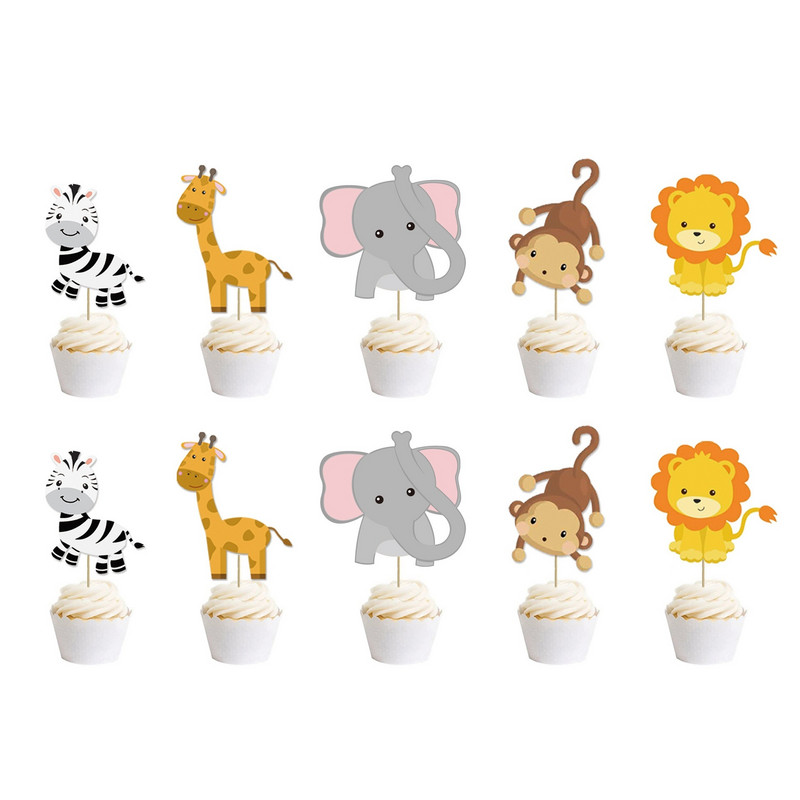 Jungle Safari Cupcake Topper Boldog születésnapot Banner Állati torta zászlók Születésnapi parti dekorációhoz Gyerek fiúk kedvenc kellékei