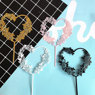 1 τμχ Flowers Topper Γαμήλιας Τούρτας Rose Love Heart Cupcake Topper Ακρυλικό για τούρτα γάμου Είδη διακόσμησης Baby Shower